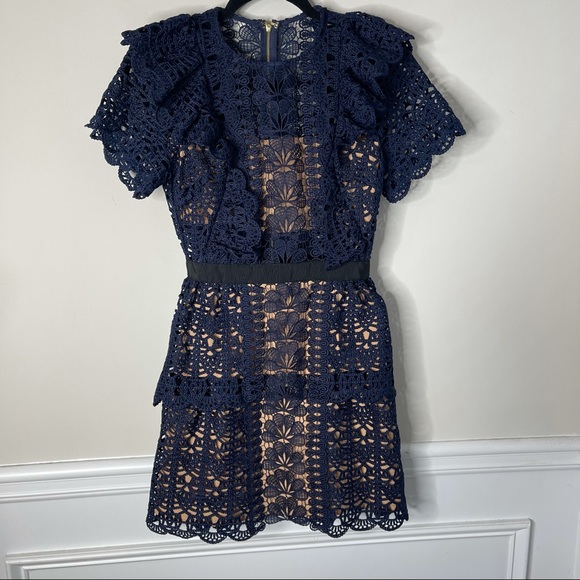 Self Portrait blue navy ruffle guipure mini cocktail dress size 2 - Picture 4 of 14